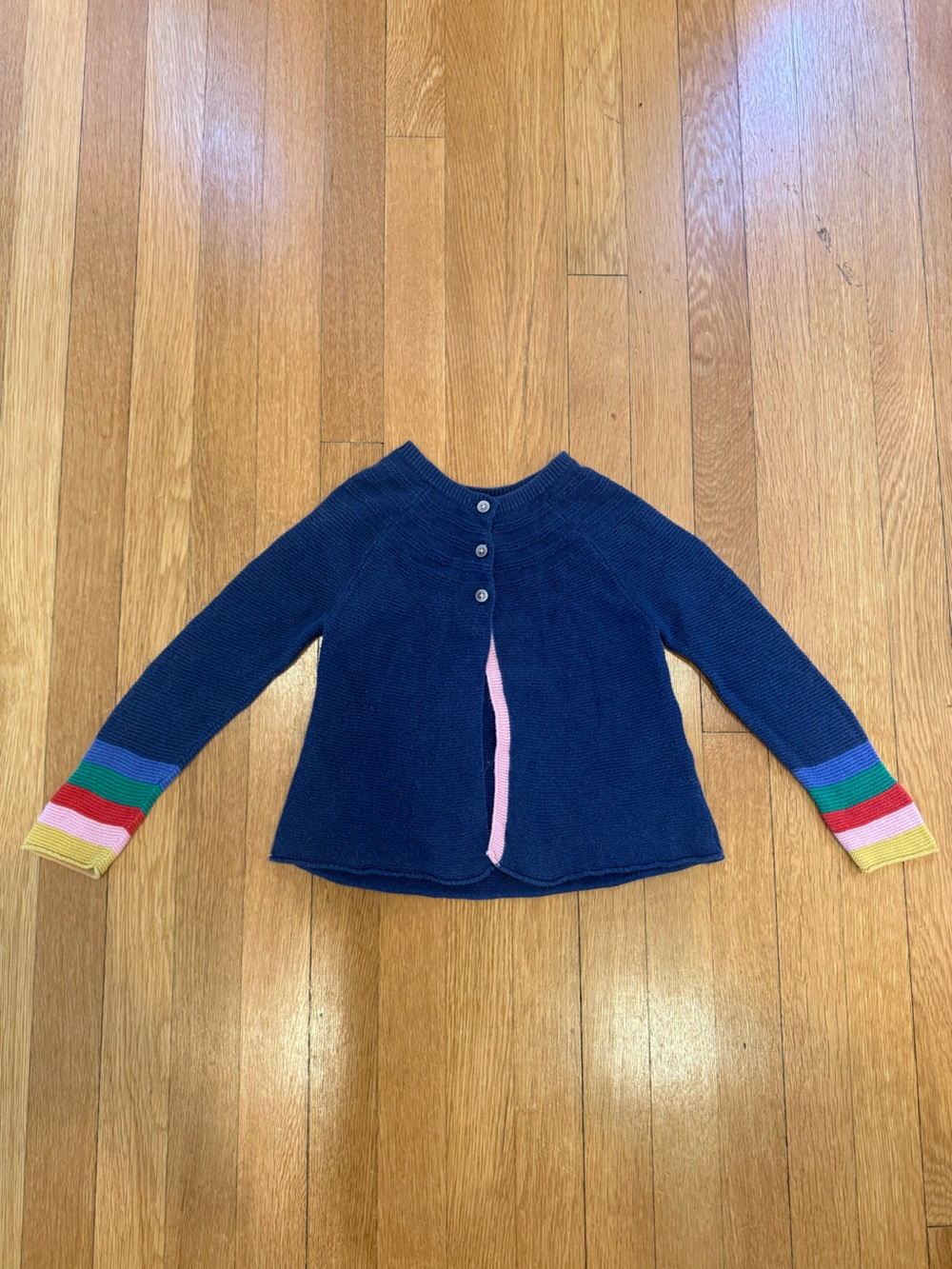 Boden Navy Cardigan with Multicolor Stripe Cuffs